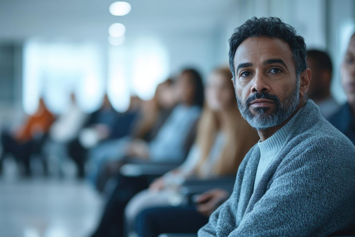 Man in waiting room for primary care support