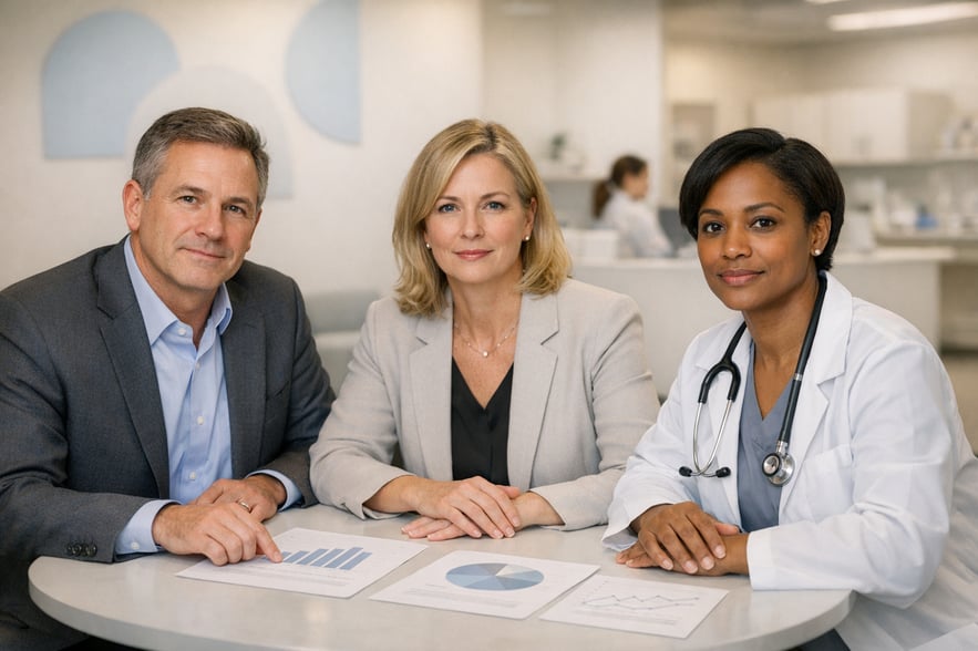 Photorealistic humancentered corporate healthcare scene a CFO an HR leader and a clinician advisor sit closely at a small consultation table inside a