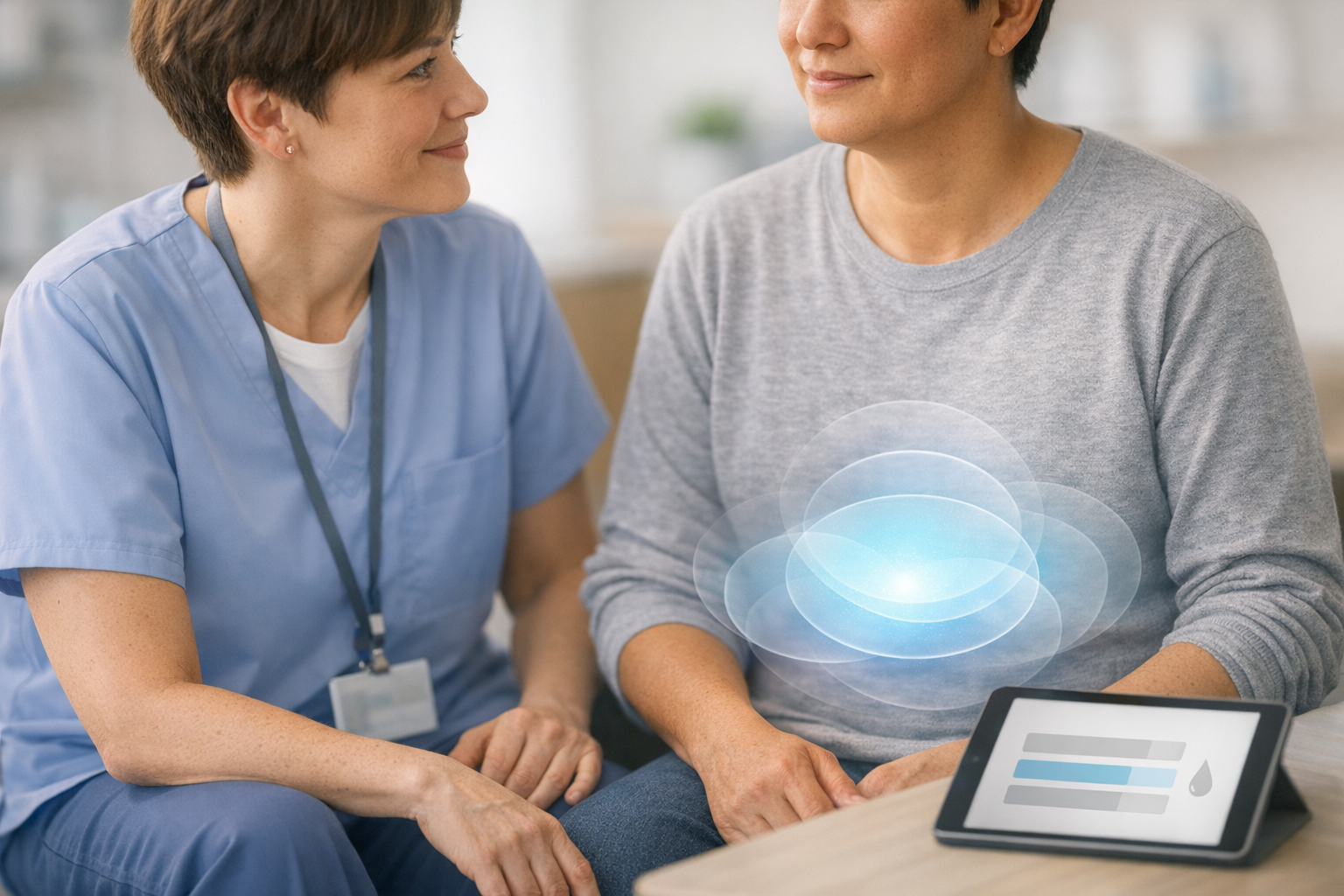Photorealistic corporate healthcare photography. In a modern employer-sponsored clinic, a caring clinician sits beside an adult employee during a prev