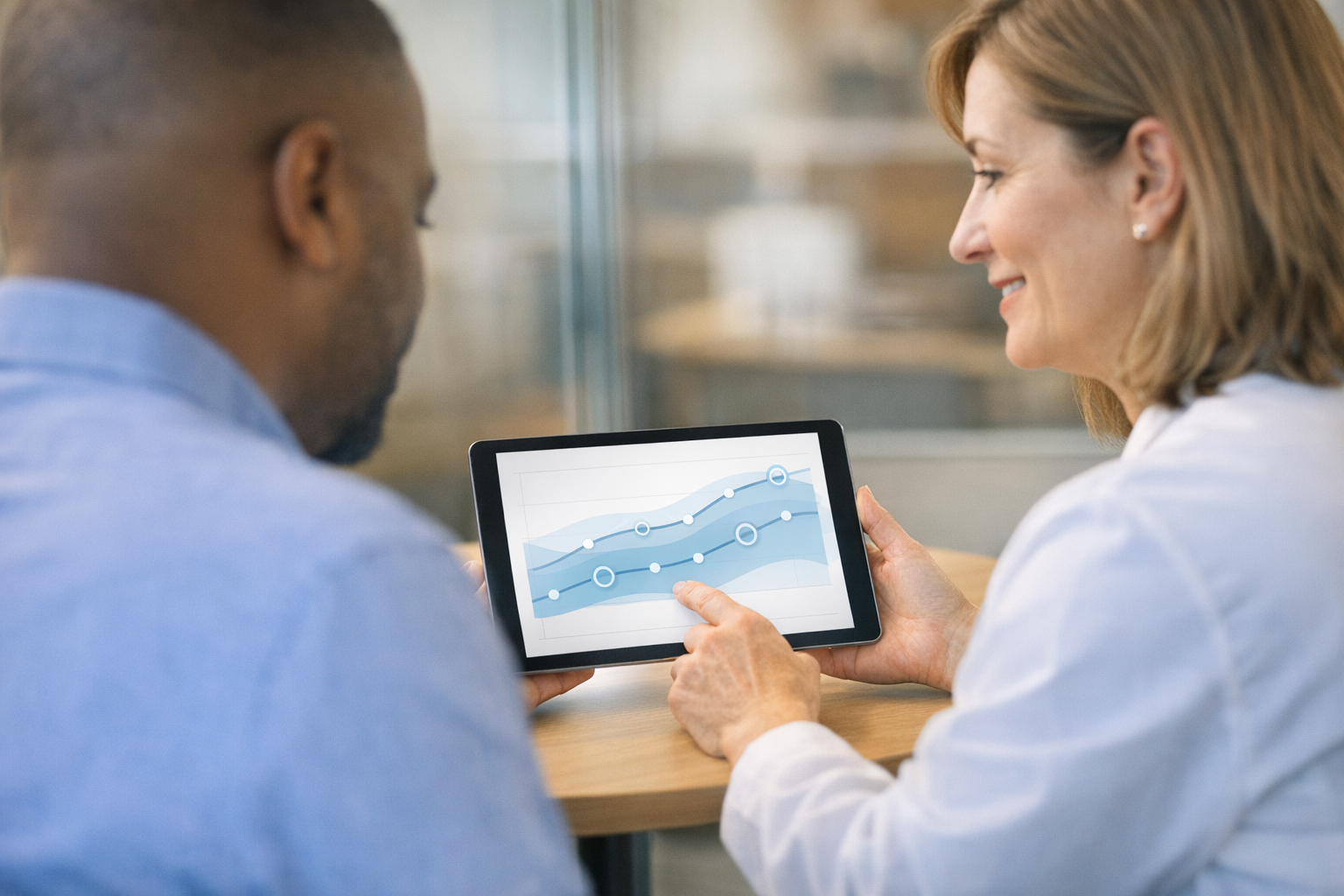 Photorealistic, high-resolution workplace clinic consultation: a caring clinician and an employee of different backgrounds sit at a small round table 