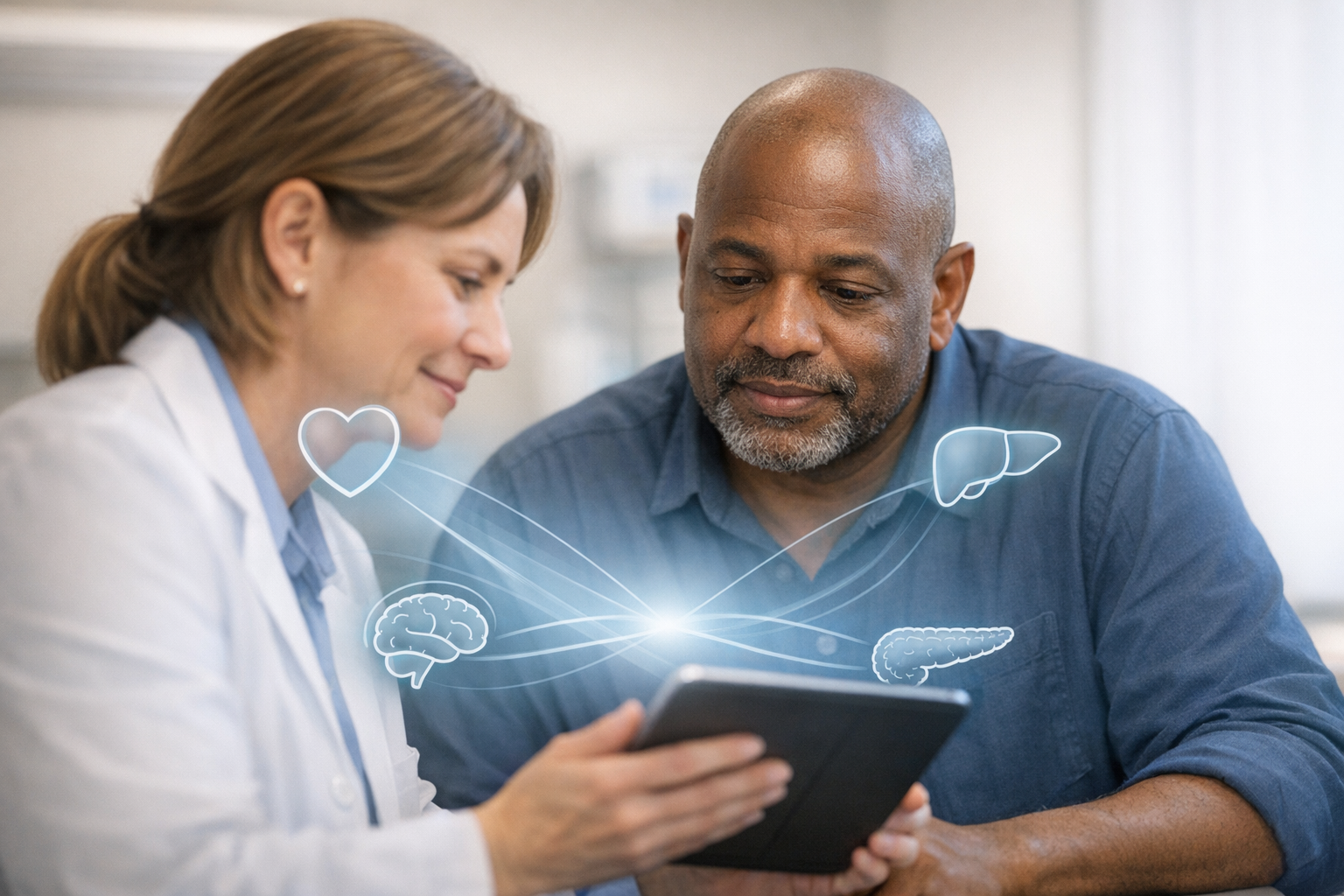 Photorealistic image inside a modern employer-sponsored clinic: a compassionate clinician and a diverse mid-career employee seated side-by-side, colla