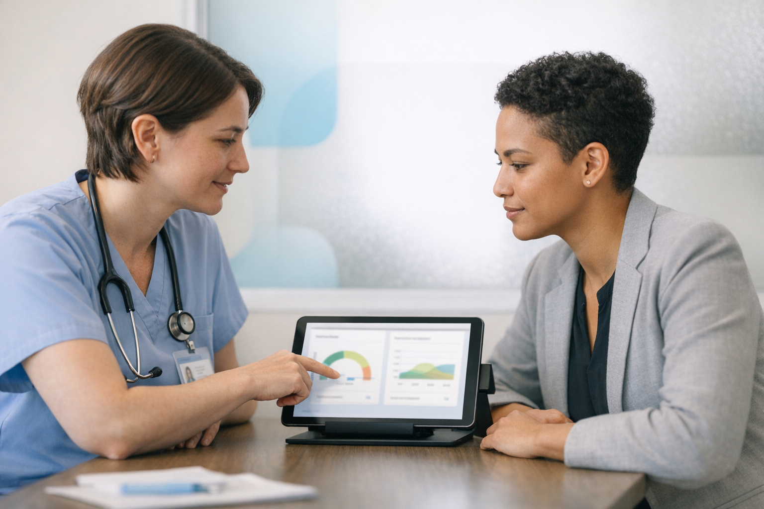Photorealistic corporate healthcare scene: a caring clinician and a professional employee seated side-by-side in a modern employer-sponsored clinic co