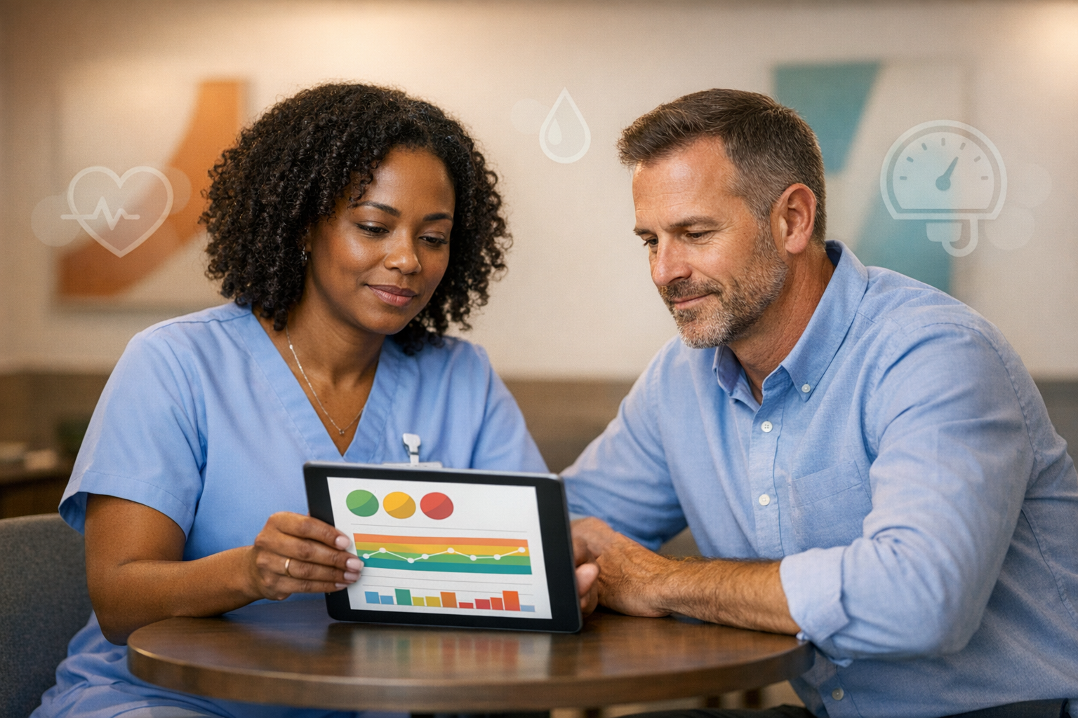 Photorealistic image of a modern employer-sponsored clinic consultation. A diverse clinician and employee sit side by side at a small round table, cal
