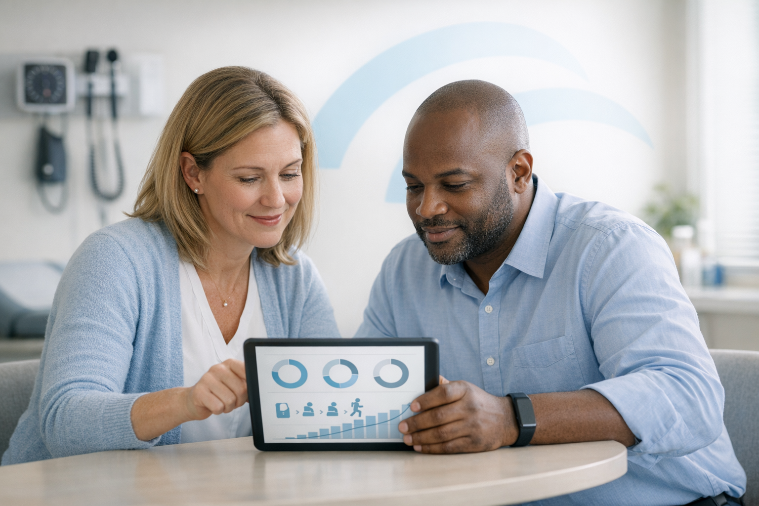Photorealistic workplace clinic scene: a supportive clinician and an employee sit side-by-side at a small table in a modern employer-sponsored clinic,