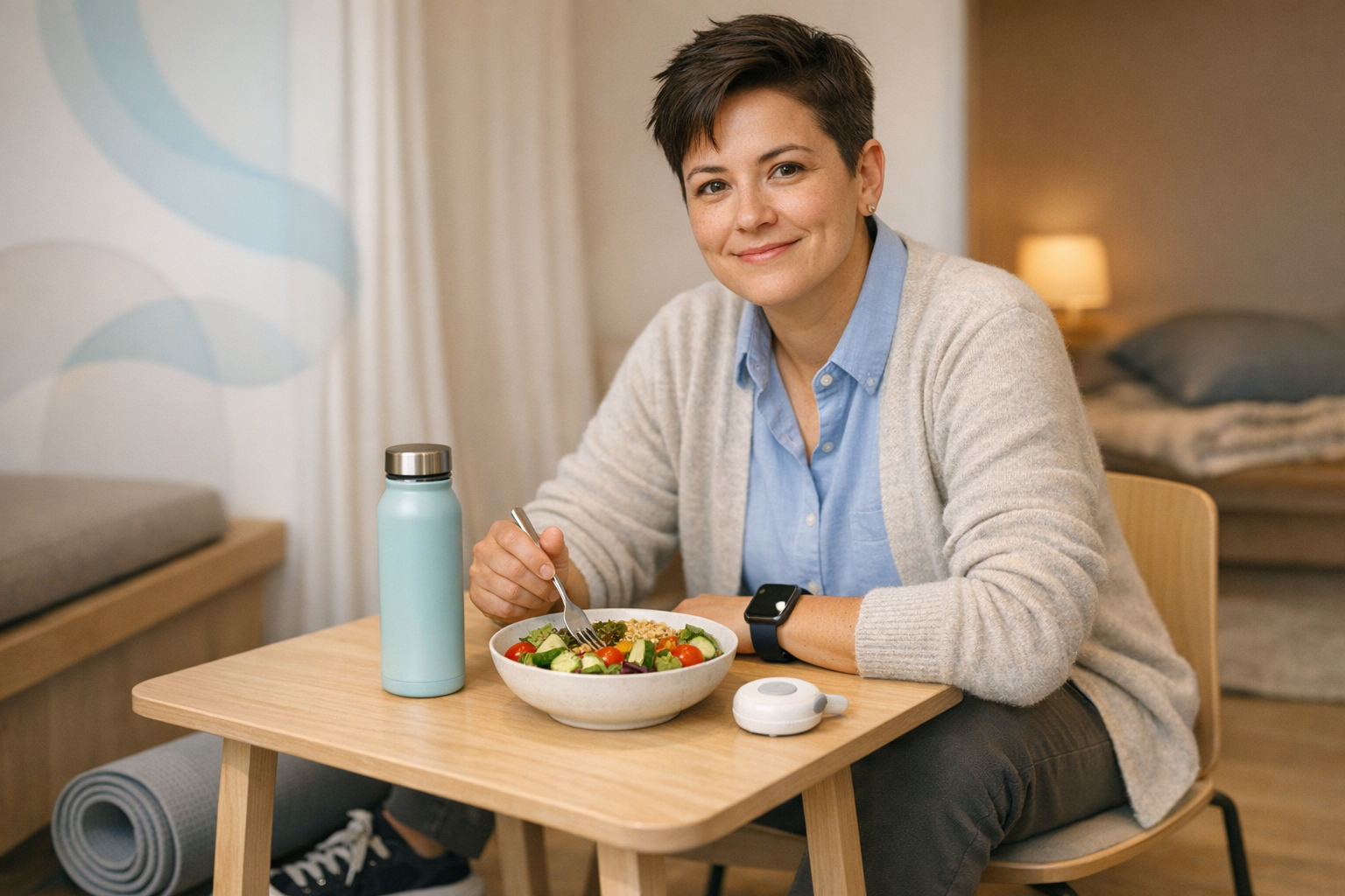 Photorealistic lifestyle photograph set in a modern employer-sponsored clinic lounge. Eye-level, intimate three-quarter framing with shallow depth of 