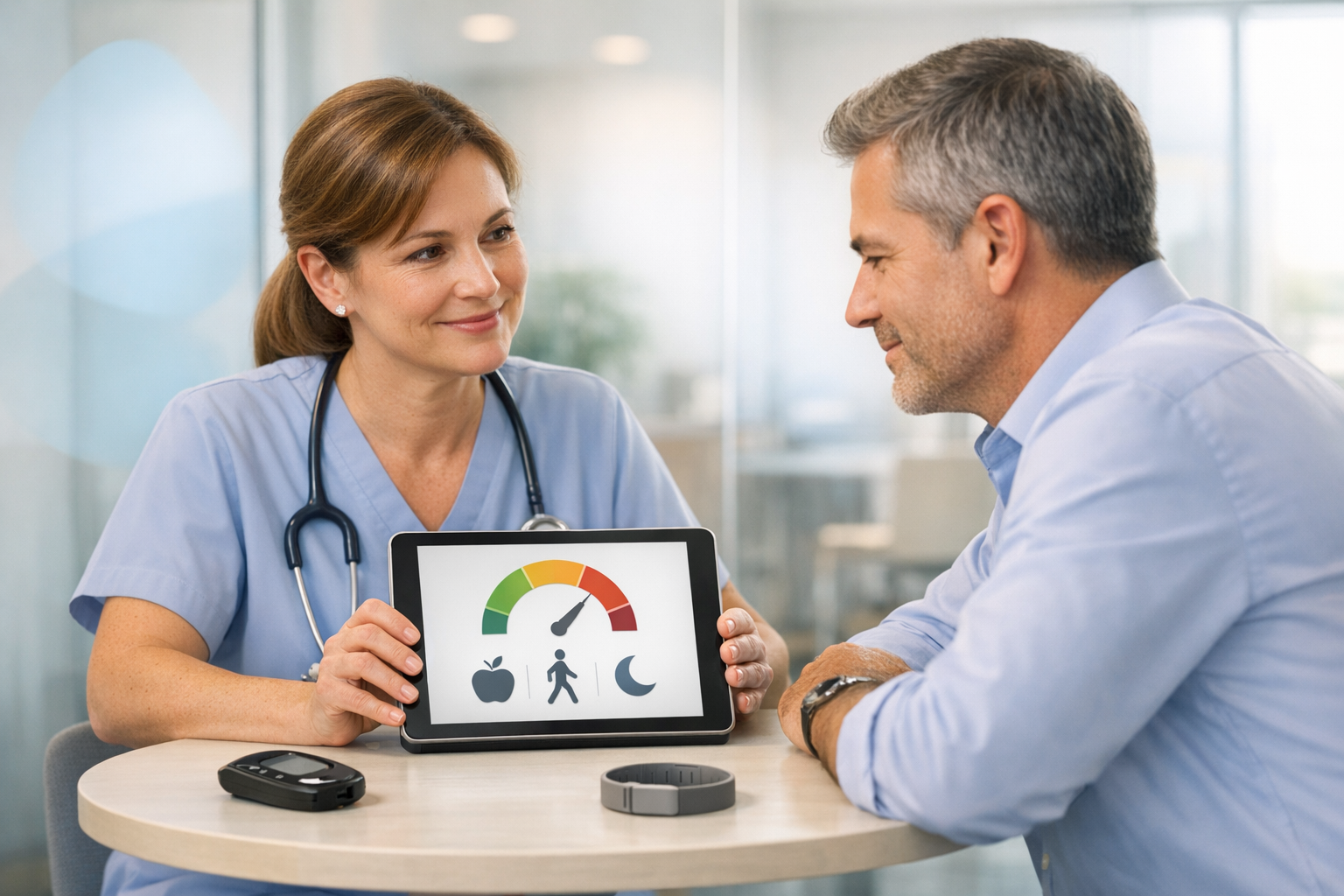 Photorealistic corporate healthcare scene in a modern employer-sponsored clinic: a supportive clinician and a mid-career professional employee sit clo