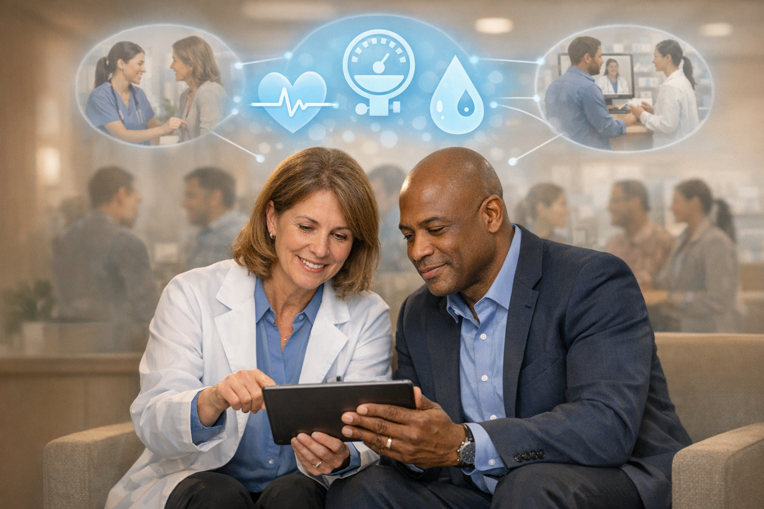 Photorealistic scene inside an employer-sponsored clinic: a compassionate clinician in a white coat and a benefits consultant in business attire sit s