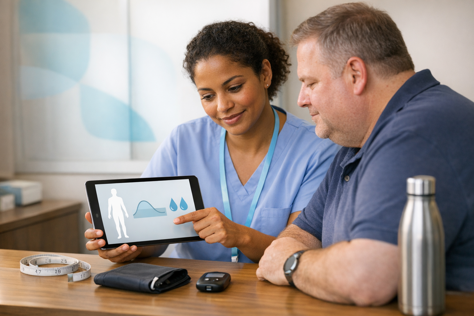Photorealistic workplace clinic scene: a caring clinician (mid-30s, woman of color) sits side-by-side with a mid-career employee with a larger body ty