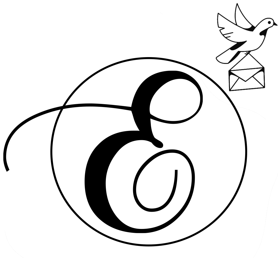 uppercase letter E within a circle and a bird flying with an envelope